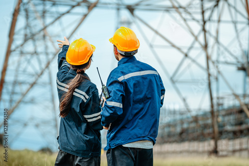 Engineers discuss operations at a power facility in mid-afternoon with power lines in the background