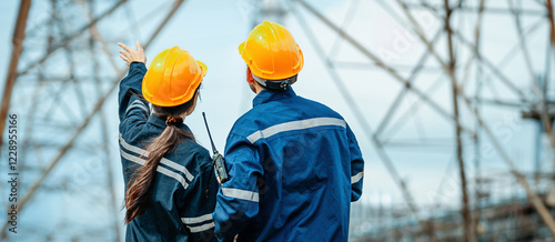 Workers in safety gear discuss project details at an electrical tower construction site during the afternoon