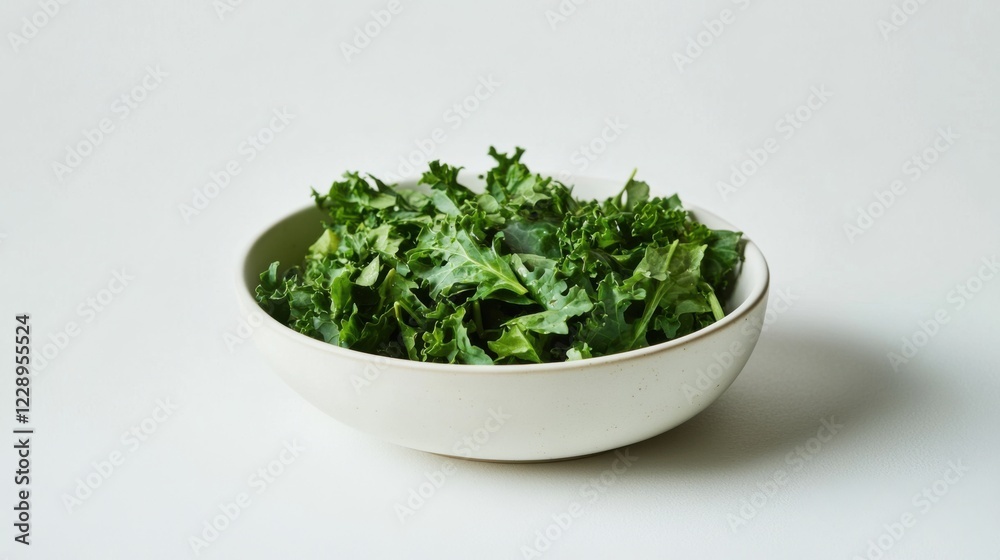 A minimalist bowl of fresh kale salad with a light vinaigrette, served in a plain white ceramic bowl, Kale salad centered A minimalist bowl of fresh kale salad with a light vinaigrette, served in a plain white ceramic bowl, Kale salad centered