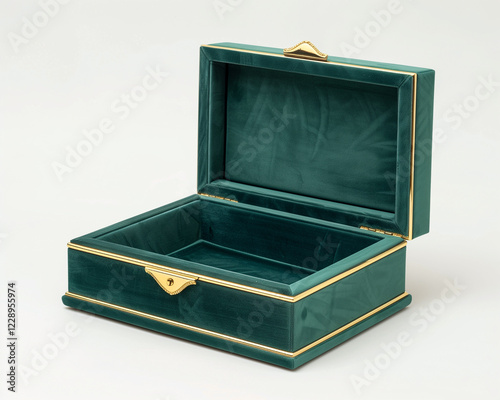Open Emerald Green Velvet Box with Dark Teal Silk Lining and Gold Hardware, Empty Interior on White Background