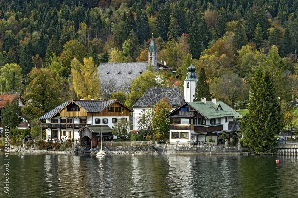 Fototapeta premium Parish church of St. Ullrich and St. James parish church, village of Walchensee, Upper Bavaria, Bavaria, Germany, Europe