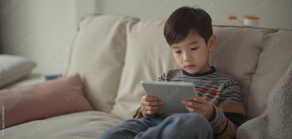 Young Boy Reading an E-Book on a Couch in a Cozy Environment Young Boy Reading an E-Book on a Couch in a Cozy Environment