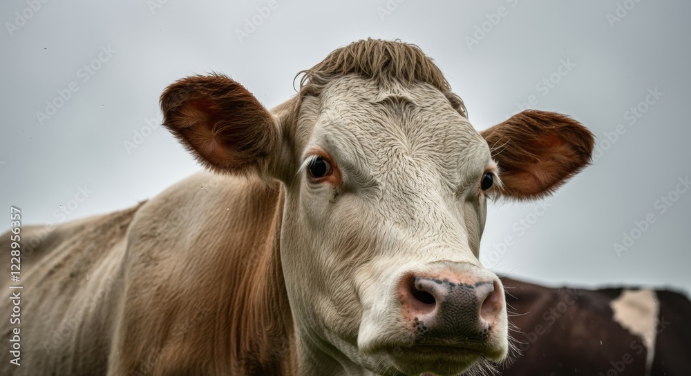 Close-up of curious cow against cloudy sky in rural farm setting Close-up of curious cow against cloudy sky in rural farm setting