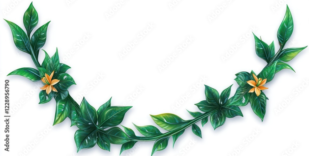 Naklejka premium Lush green vine with vibrant yellow flowers, curving elegantly on white background.