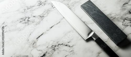 Chef's knife and sharpening steel on marble.