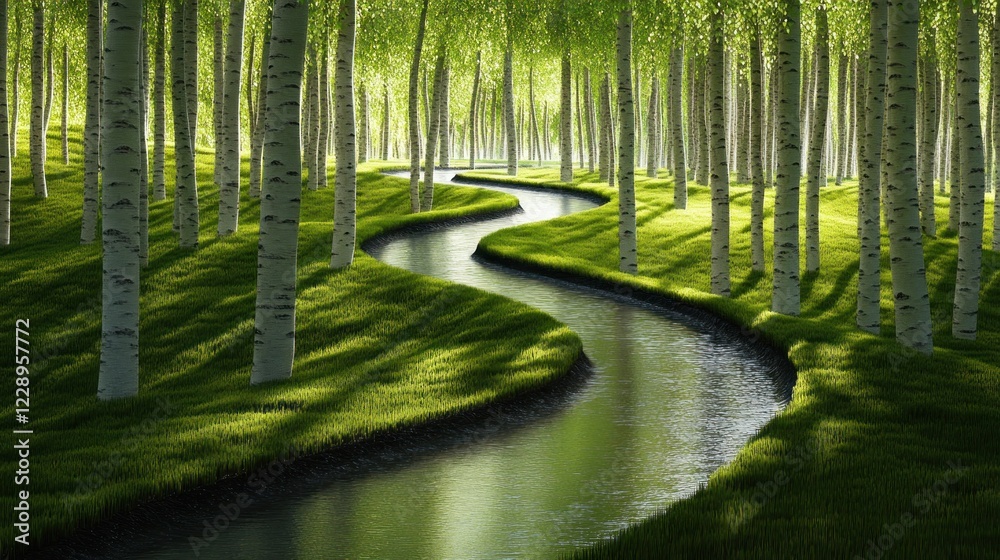 Obraz premium Serene stream meanders through lush birch forest, sunlight dappling the vibrant green grass.