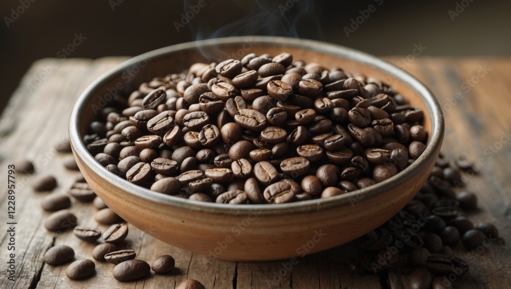 Fototapeta premium Bowl filled with raw coffee beans on a wooden table surface in natural lighting