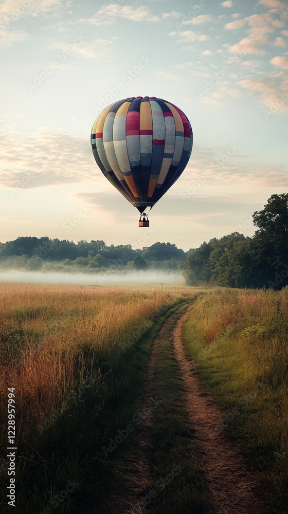 Obraz premium A vibrant hot air balloon floats above a misty rural landscape at sunrise, creating a serene and picturesque scene.