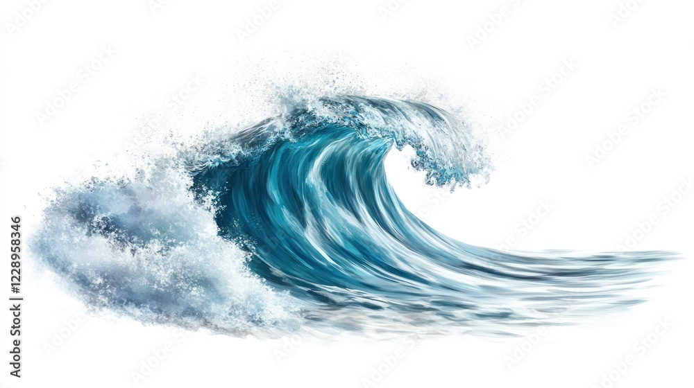 Fototapeta premium A soft, rolling ocean wave with shimmering water and subtle splashes, isolated elegantly on white.