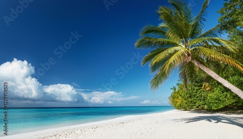 Tropical Paradise Beach White Sand, Turquoise Ocean, Palm Trees photo