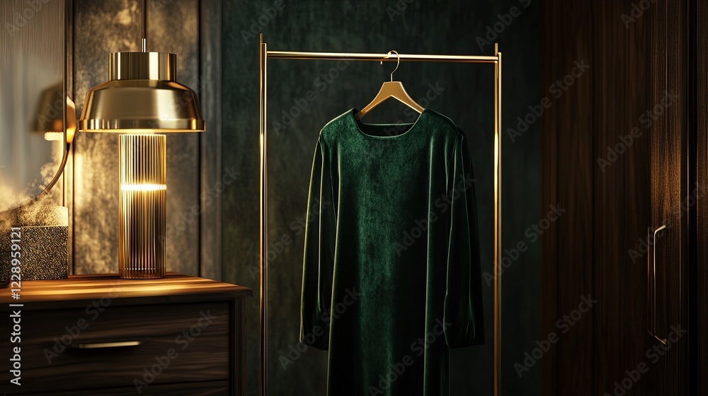 Naklejka premium Dark green velvet dress on hanger in luxury bedroom.