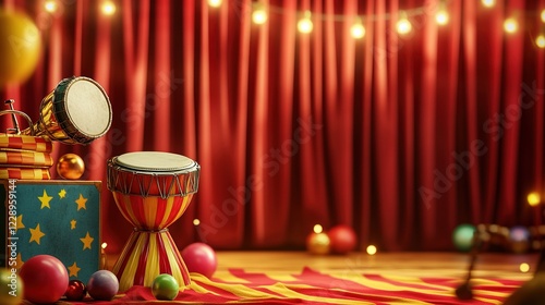 Circus drums and toys on stage with red curtain and lights.