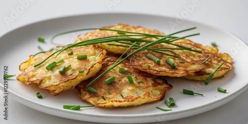 Crispy golden potato pancakes garnished with fresh chives on a plate. photo