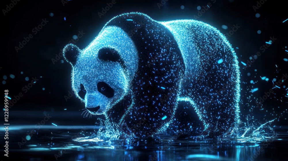 Fototapeta premium Glowing panda bear walking in water, digital art.