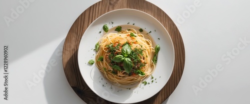 Overhead view of a neatly plated spaghetti dish garnished with fresh herbs on a wooden table. photo