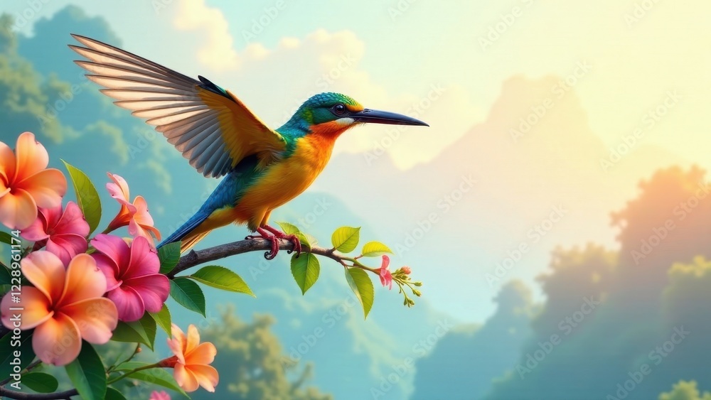 Fototapeta premium A vibrant bird with outstretched wings perched on a branch adorned with blooming flowers, bathed in the warm glow of sunrise, amidst a tranquil, lush landscape
