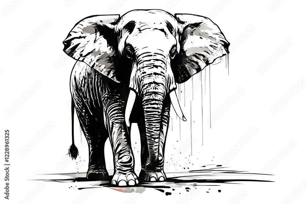 Fototapeta premium Black and white line art elephant, AI generated