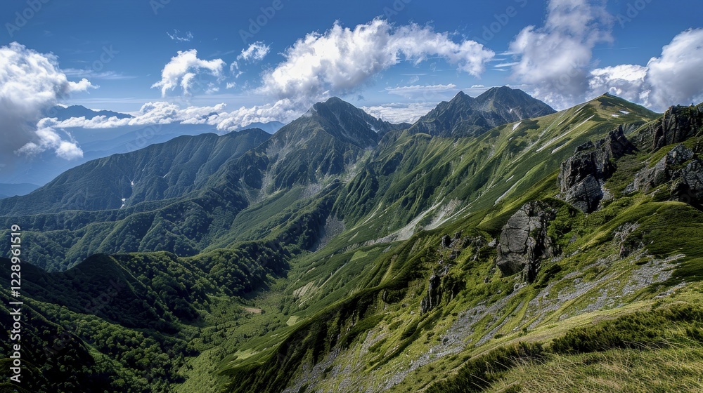 A panoramic view of lush green mountains under a bright blue sky with scattered clouds, AI generated A panoramic view of lush green mountains under a bright blue sky with scattered clouds, AI generated