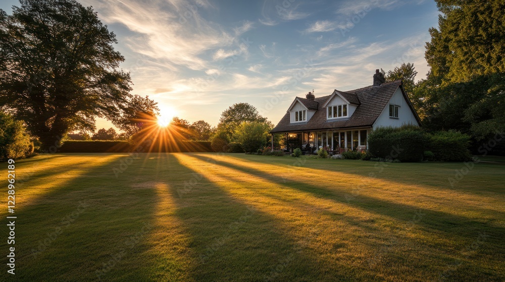 Sunset illuminates a charming house with a lush green lawn and trees. Sunset illuminates a charming house with a lush green lawn and trees.
