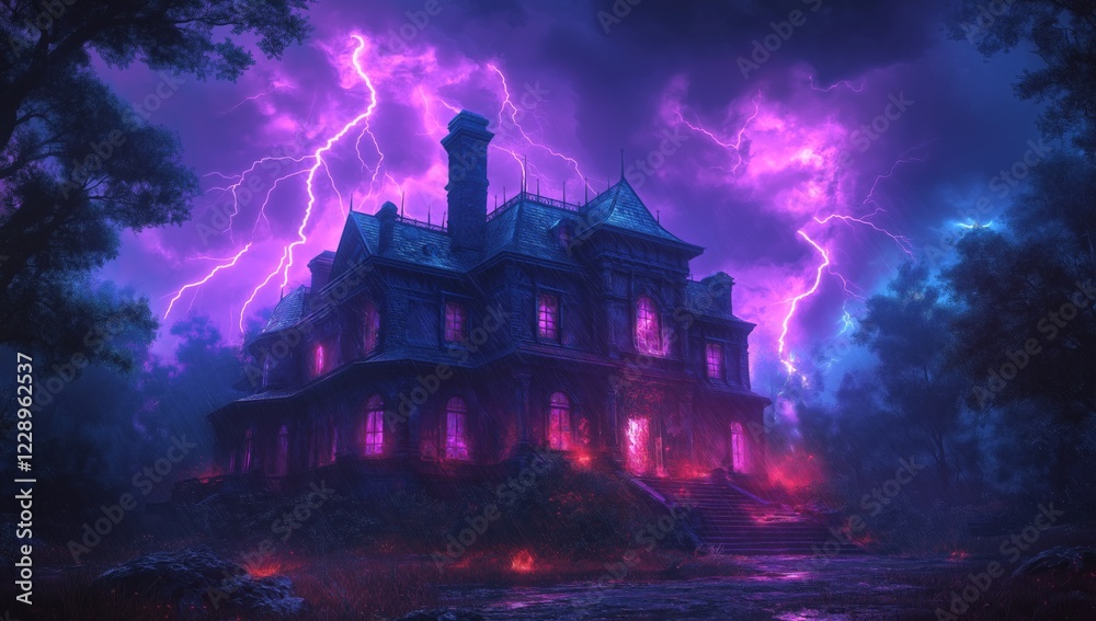 Obraz premium A Purple Haunted Mansion in the woods by Lightning in a Stormy Sky