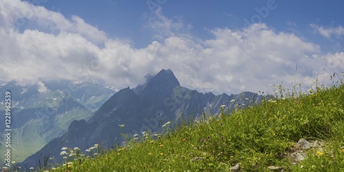 Mountain panorama from the Laufbacher Eck-Weg, a panoramic mountain trail from the Nebelhorn into the Oytal, behind the Höfats, 2259m, Allgäu Alps, Allgäu, Bavaria, Germany, Europe photo