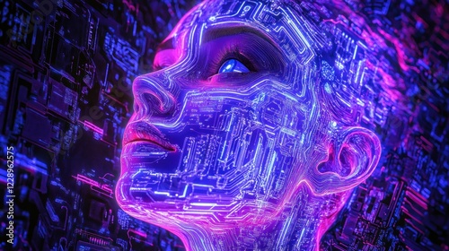 Futuristic woman's face, glowing circuits, technology, AI, digital, cyberpunk.