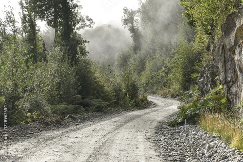 Gravel road in temperate rainforest with fog, at Puerto Río Tranquilo, Carretera Austral, Valle Exploradores, Laguna San Rafael National Park, Patagonia, Chile, South America photo