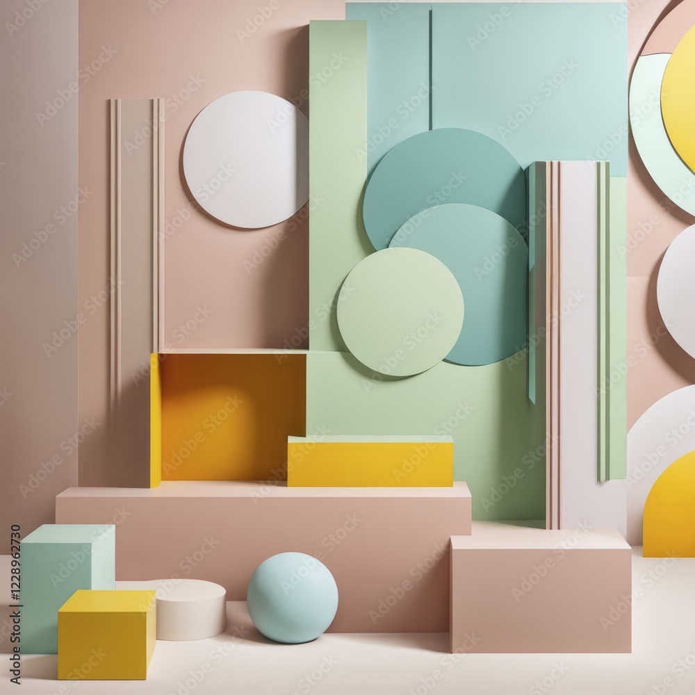 3D geometric shapes arranged in a pastel-colored abstract composition with a modern design aesthetic, AI generated 3D geometric shapes arranged in a pastel-colored abstract composition with a modern design aesthetic, AI generated