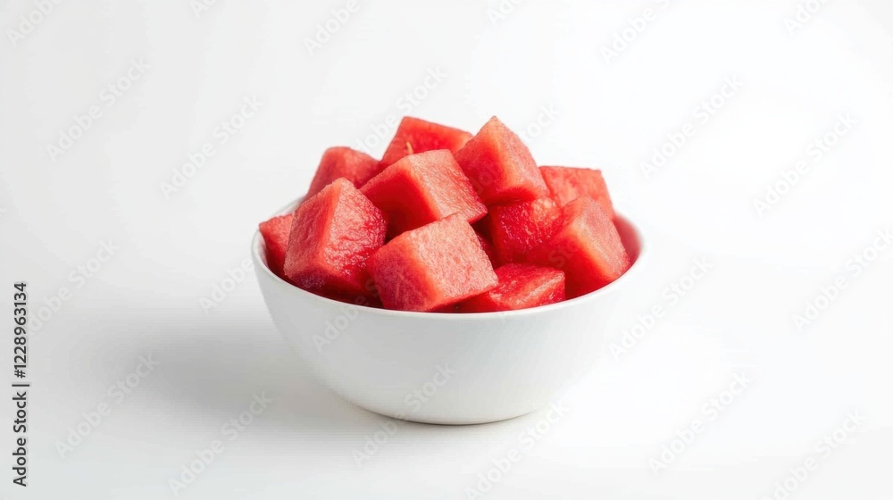 A minimalist bowl of freshly cut watermelon cubes, neatly arranged in a plain white ceramic bowl, Watermelon centered A minimalist bowl of freshly cut watermelon cubes, neatly arranged in a plain white ceramic bowl, Watermelon centered