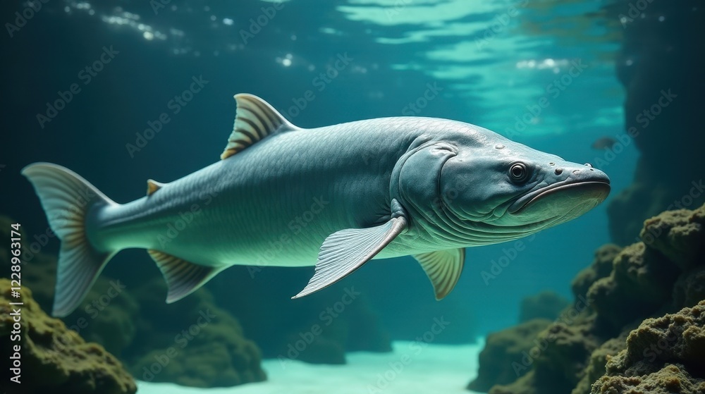 Fototapeta premium A large, sleek aquatic creature gracefully glides through the crystal-clear water, its fins elegantly extended, showcasing its powerful and streamlined form.