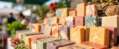 Vibrant handcrafted soap variety display at farmers market, artisanal beauty photo