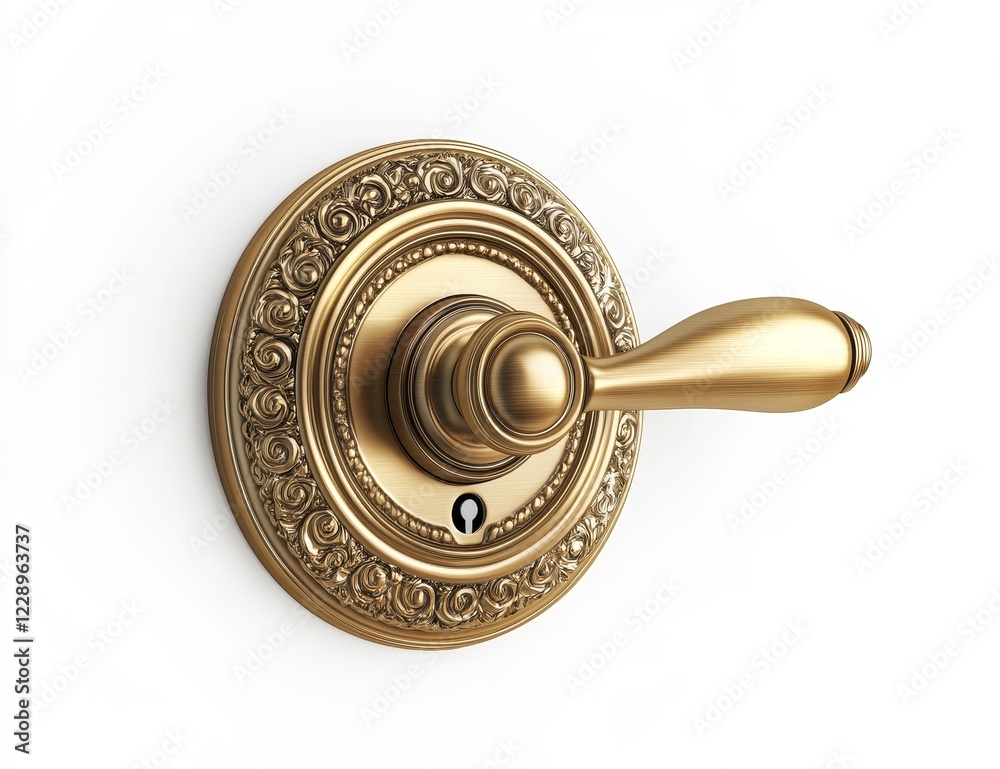 Ornate gold door lever handle with keyhole. Ornate gold door lever handle with keyhole.
