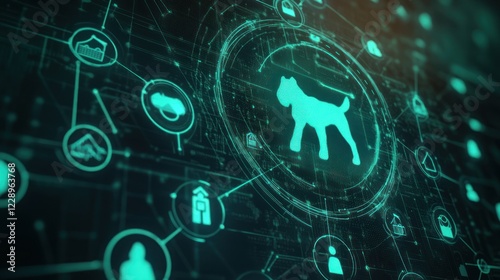 Digital dog icon in futuristic network.