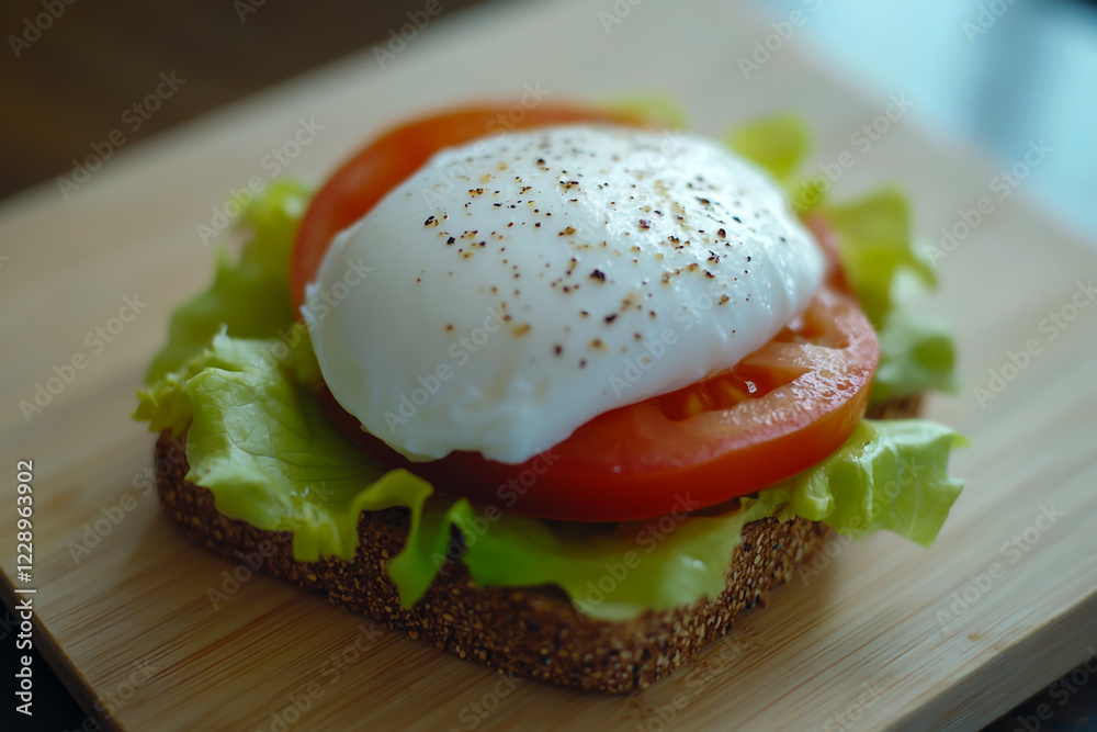 Close-up of perfectly poached egg on bread, topped with fresh lettuce and juicy tomatoes. Close-up of perfectly poached egg on bread, topped with fresh lettuce and juicy tomatoes.
