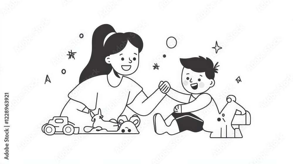 Happy Mother and Child Playing Together in Black and White Illustration Happy Mother and Child Playing Together in Black and White Illustration