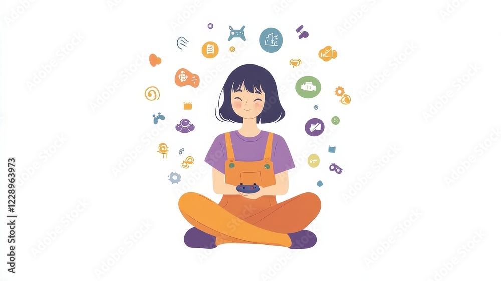 Happy Girl Enjoys Gaming with Colorful Icons Floating Around Her Happy Girl Enjoys Gaming with Colorful Icons Floating Around Her