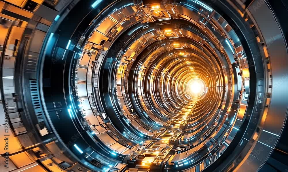 Futuristic tunnel, glowing lights, digital travel, abstract background, tech concept