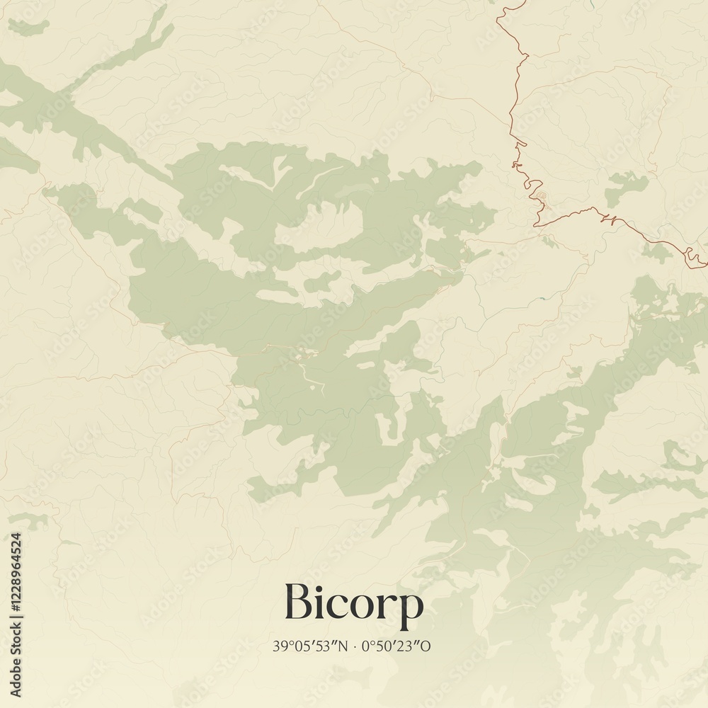 Obraz premium Retro Spanish map of Bicorp, Comunidad Valenciana. Vintage street map.