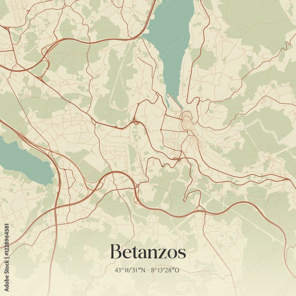 Fototapeta premium Retro Spanish map of Betanzos, Galicia. Vintage street map.