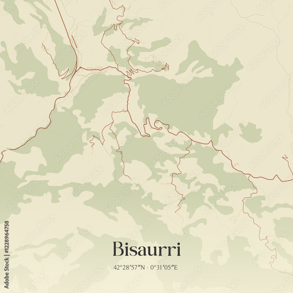 Fototapeta premium Retro Spanish map of Bisaurri, Arag�n. Vintage street map.