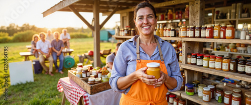 Smiling woman selling homemade preserves at farmers market, family joy