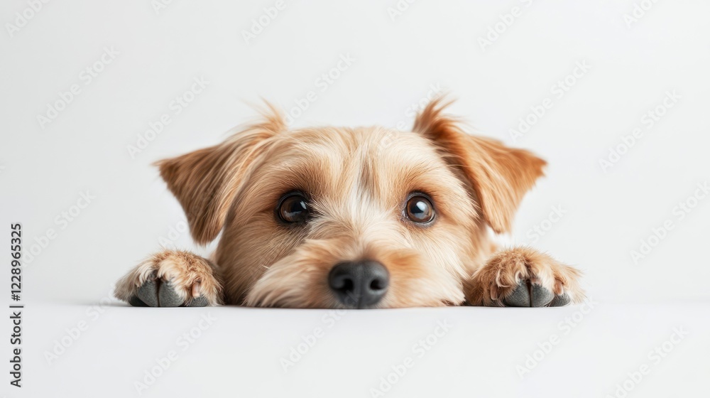 Adorable Yorkshire Terrier puppy peering over a white surface with paws forward. Adorable Yorkshire Terrier puppy peering over a white surface with paws forward.