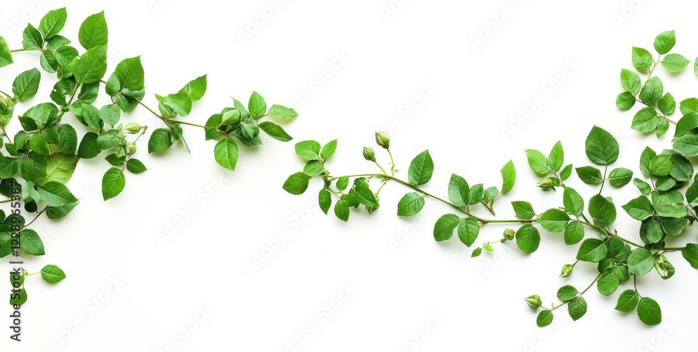 Lush green vines with leaves and buds arranged on white background. Lush green vines with leaves and buds arranged on white background.