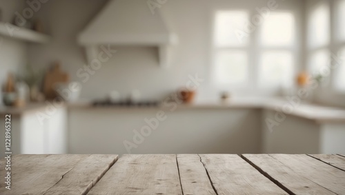 Empty wooden tabletop with blurred kitchen background with windows photo