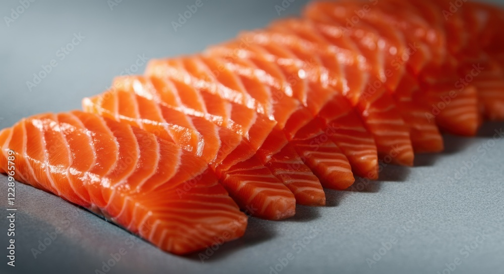 Fresh sliced salmon fillet on gray surface showing vibrant orange color and texture Fresh sliced salmon fillet on gray surface showing vibrant orange color and texture
