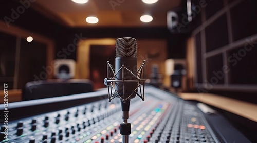 Microphone in recording studio with mixing console.