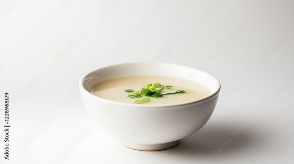 A minimalist bowl of freshly prepared miso soup, served in a plain white ceramic bowl with a few green onions floating on top, Soup centered A minimalist bowl of freshly prepared miso soup, served in a plain white ceramic bowl with a few green onions floating on top, Soup centered