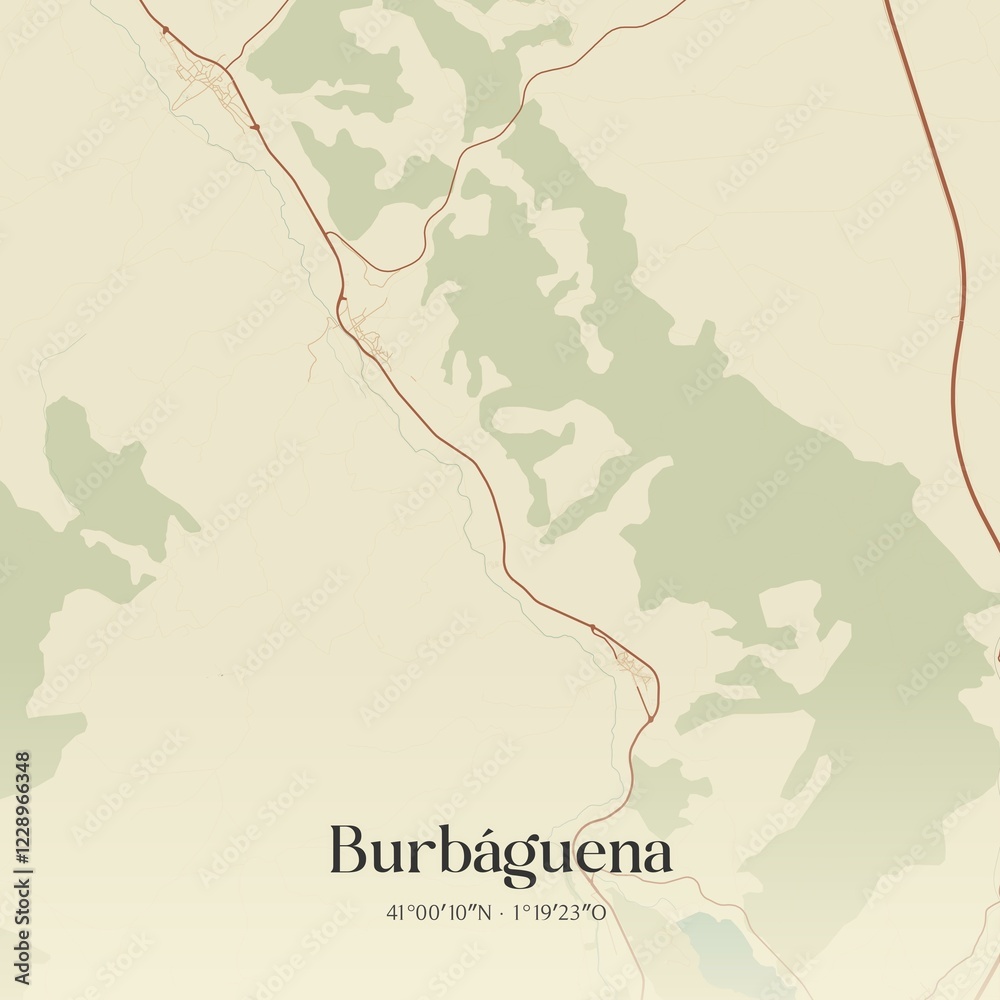 Fototapeta premium Retro Spanish map of Burb�guena, Arag�n. Vintage street map.