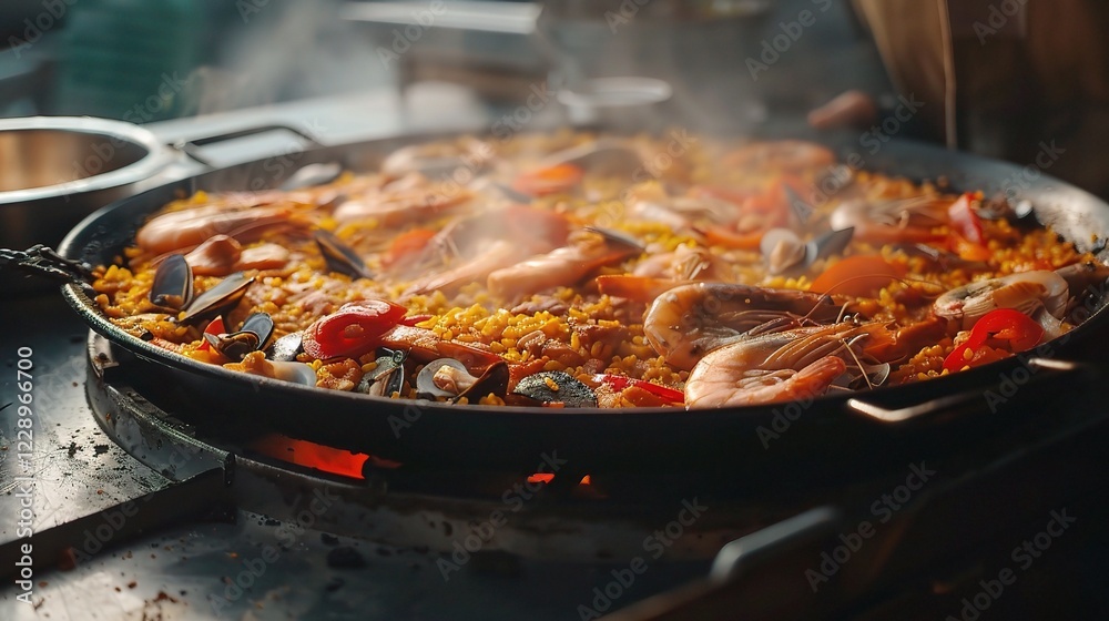 A Tantalizing Visual of Traditional Spanish Paella Loaded with Fresh Seafood and Chicken. This classic dish, a harmonious blend of flavors and textures A Tantalizing Visual of Traditional Spanish Paella Loaded with Fresh Seafood and Chicken. This classic dish, a harmonious blend of flavors and textures