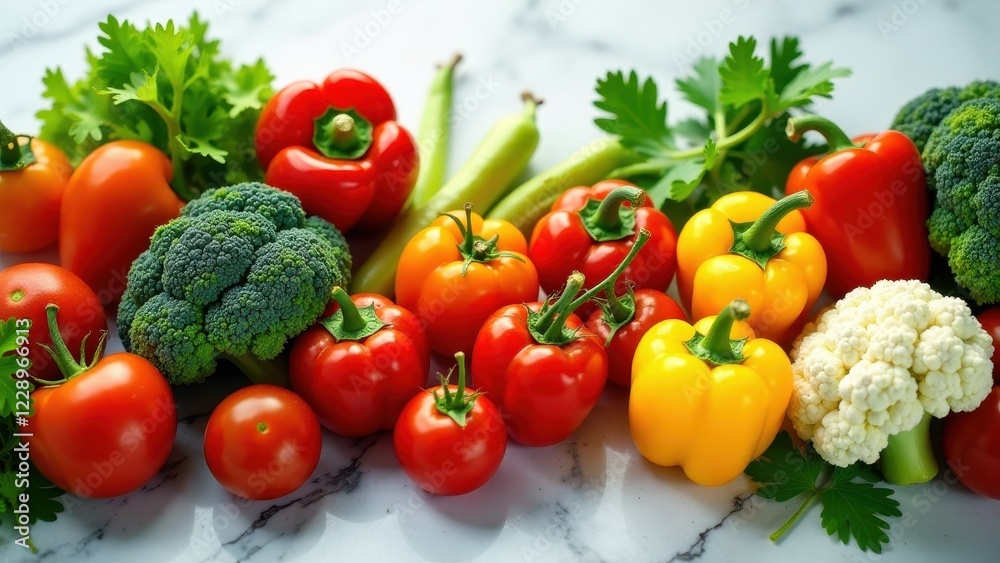 Vibrant assortment of fresh garden vegetables arranged on a marble surface, showcasing a delightful mix of colors and textures, promising healthy eating Vibrant assortment of fresh garden vegetables arranged on a marble surface, showcasing a delightful mix of colors and textures, promising healthy eating